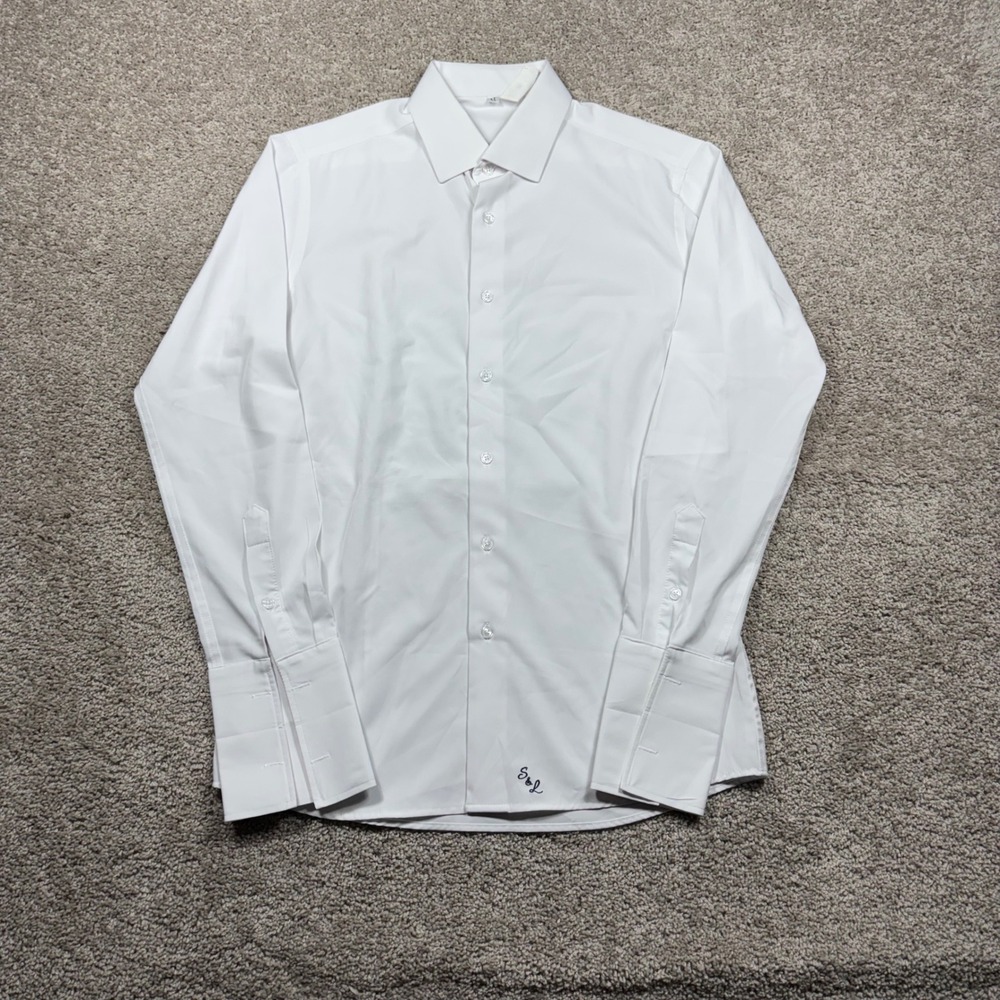 State and Liberty Mens White French Cuff Athletic Fit Stretch Dress Shirt Medium